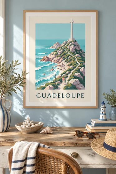 Poster Guadeloupe Pointe des Châteaux met kruis : ingelijst aan de muur