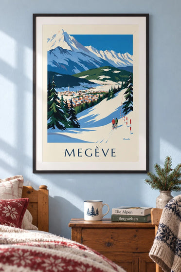 Poster Megève, de pistes met uitzicht op de Mont Blanc : ingelijst aan de muur