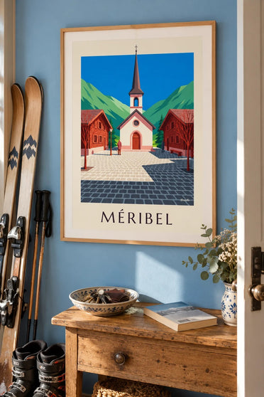 Poster Méribel, roze kapel : ingelijst aan de muur