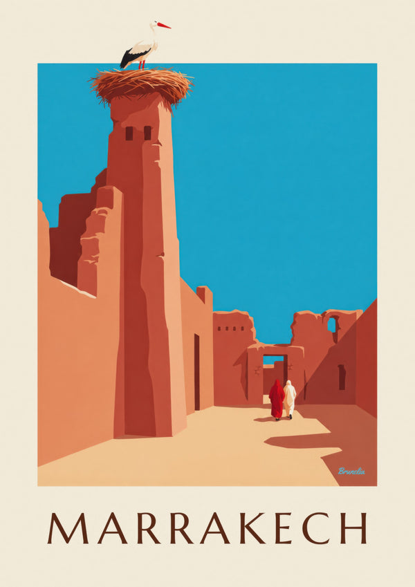 Poster van een ooievaar op de wallen van El Badi in Marrakech