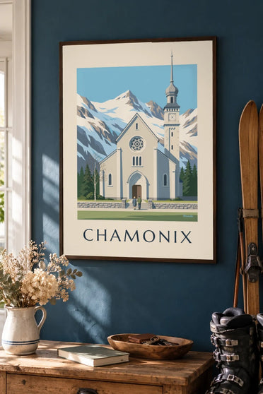 Poster van de Saint-Michelkerk in Chamonix : ingelijst aan de muur
