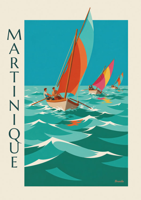 Affiche van Martinique, een yolerace met kleurrijke zeilen
