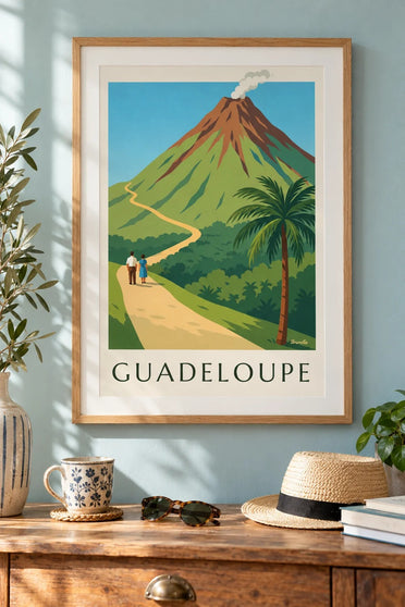Poster van Guadeloupe, de vulkaan La Soufrière : ingelijst aan de muur