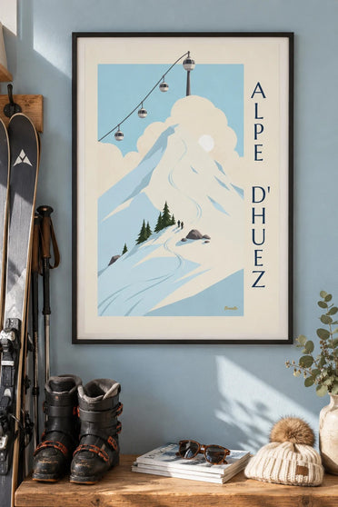Poster Alpe d'Huez, gondels boven de pistes : ingelijst aan de muur