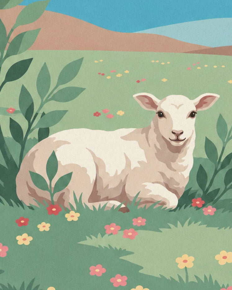 The little white lamb lying in the grass, surrounded by pink and yellow flowers