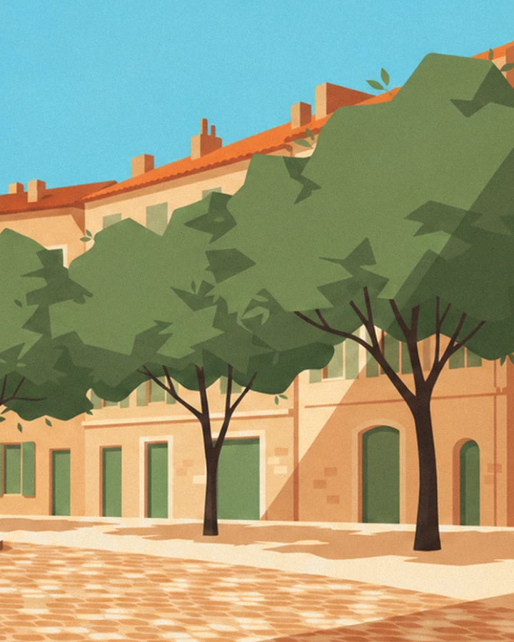 The plane trees in front of the ochre façade with green shutters, on the cobbled square