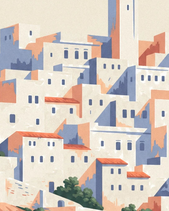 White casbah houses cascading down the hillside, with bluish shadows, orange tiled roofs and a minaret beyond