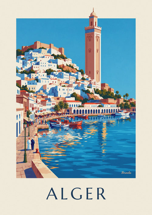 Poster witte Kasbah van Algiers die afdaalt naar de Middellandse Zee: de volledige poster