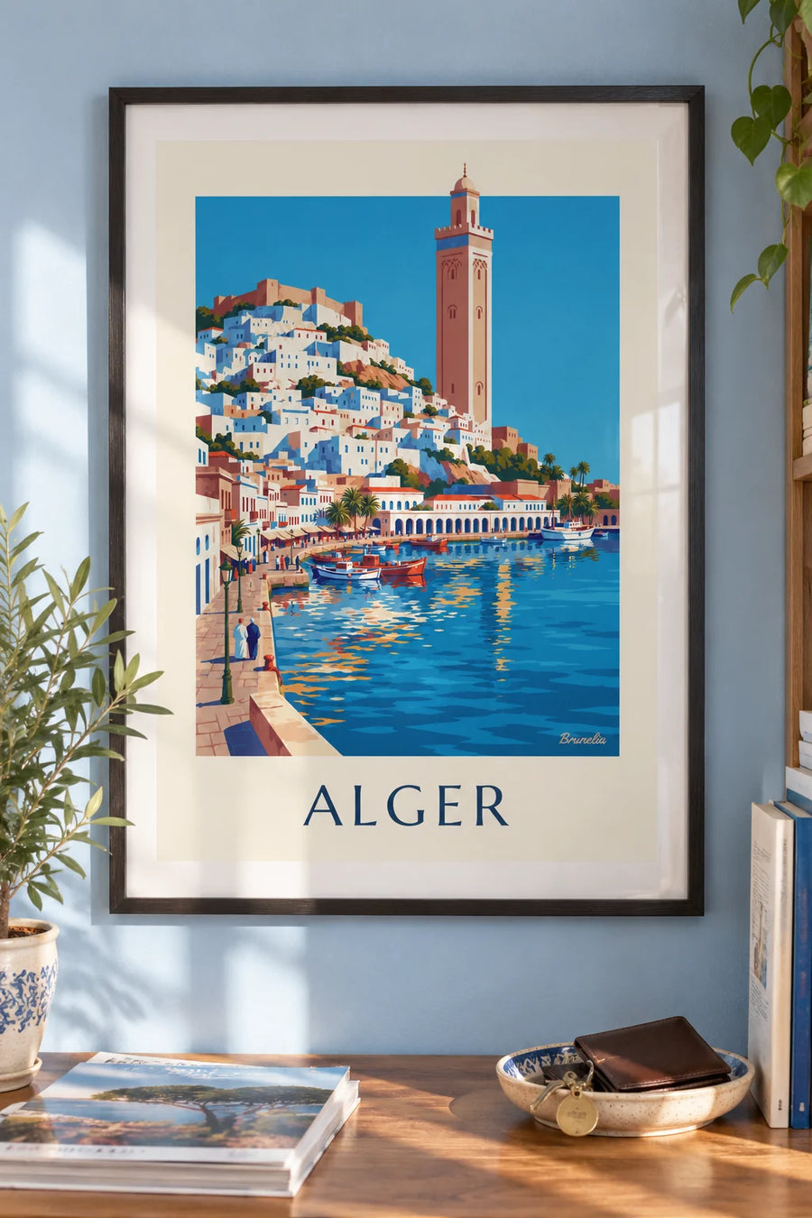 Poster witte Kasbah van Algiers die afdaalt naar de Middellandse Zee: ingelijst aan de muur