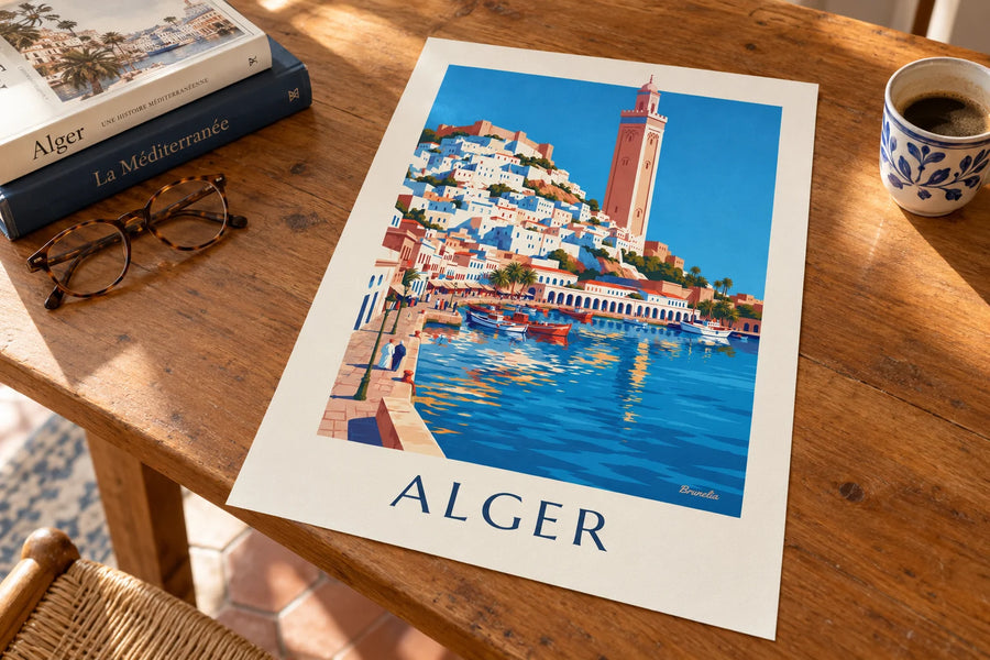 Poster witte Kasbah van Algiers die afdaalt naar de Middellandse Zee: op een tafel geplaatst