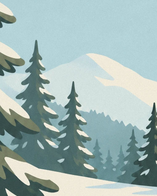 The frost-covered fir trees in front of the snowy mountain beneath a pale blue sky