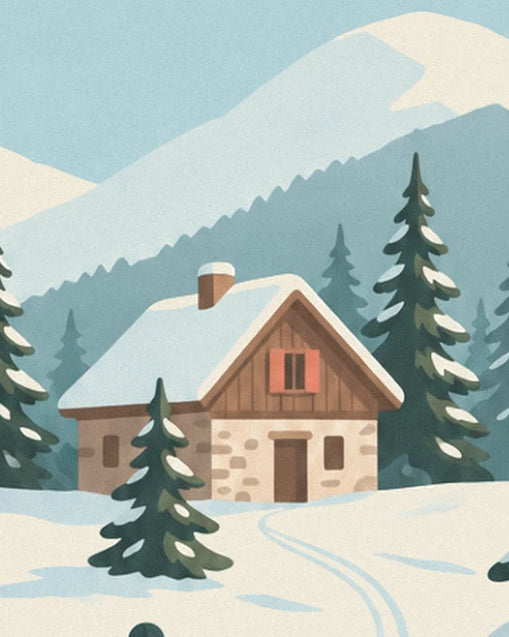 The stone and timber chalet with a snowy roof and red shutters, surrounded by fir trees