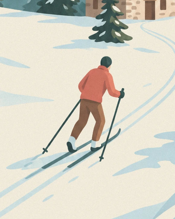 The skier seen from behind in a red jacket, with poles planted in the snow on the trail
