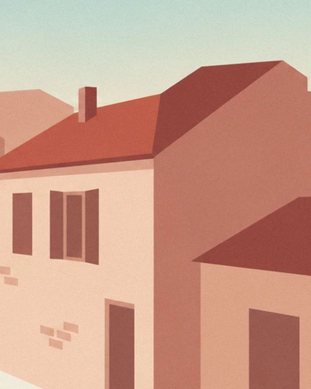 The powder pink façade with brown shutters, its chimney and red tiled roofs