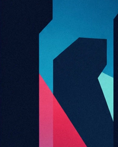 Les silhouettes anguleuses des bornes bleu nuit sur fond turquoise et rose vif