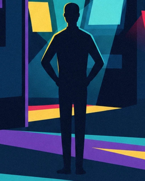 Une silhouette debout, mains sur les hanches, dans la salle d’arcade aux néons colorés