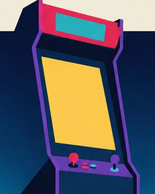 Une borne d’arcade à écran jaune, bordures violettes et 2 joysticks colorés