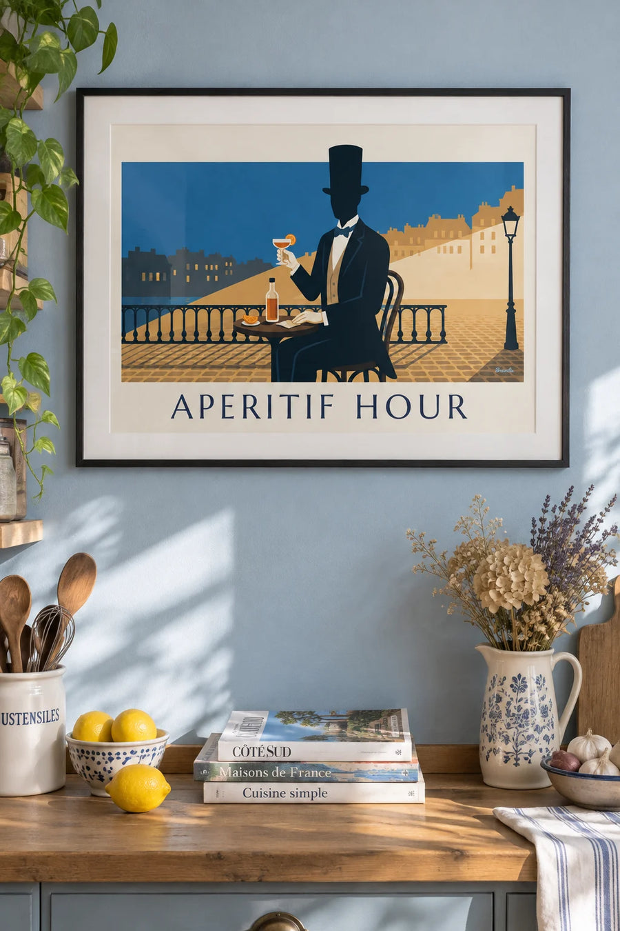 Affiche homme en haut-de-forme et son verre d'apéritif : encadrée au mur