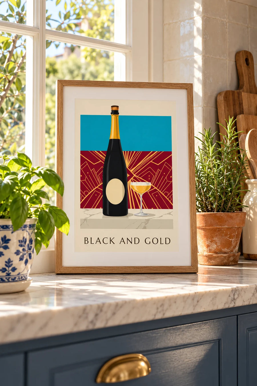Poster fles brut champagne in zwart en goud: klein formaat A4 ingelijst