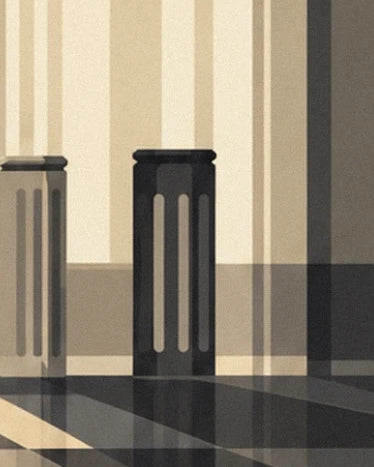 Cream columns and their dark bases above the floor with black and gold reflections