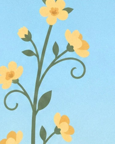 Yellow flowers on a spiralling green stem against a sky-blue background