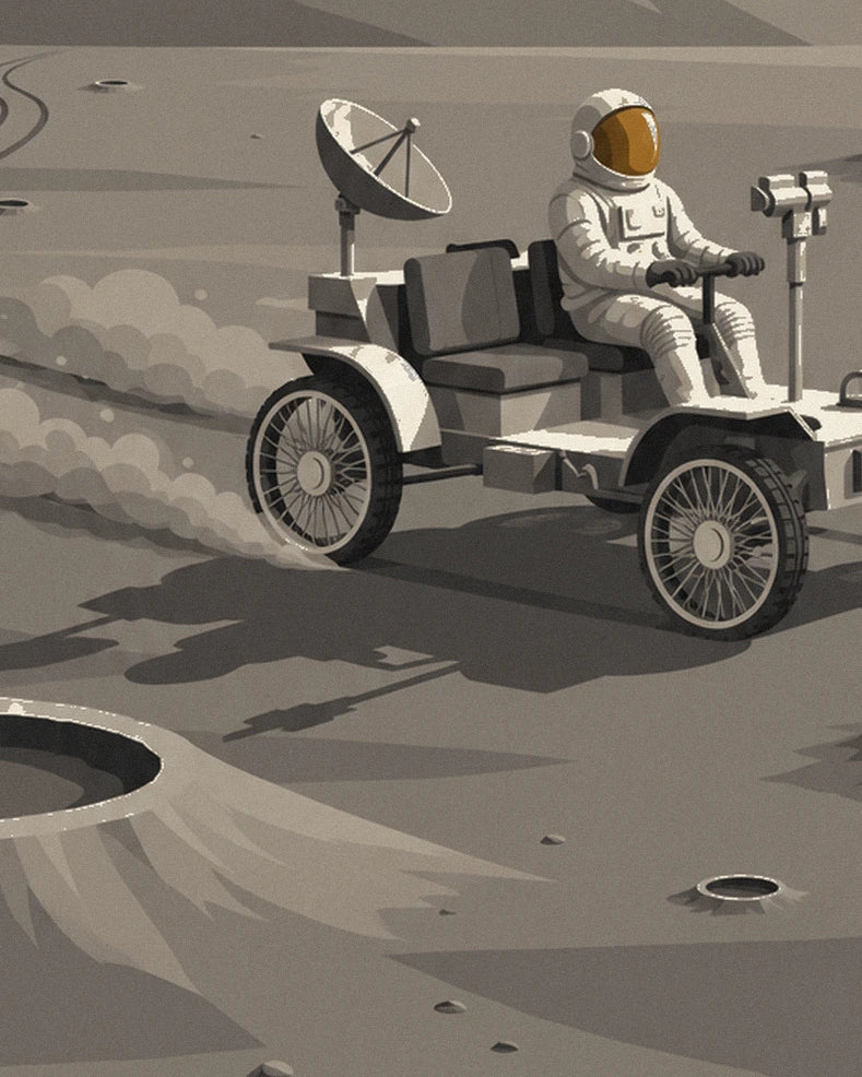 Lunar rover among Moon craters poster: close-up detail