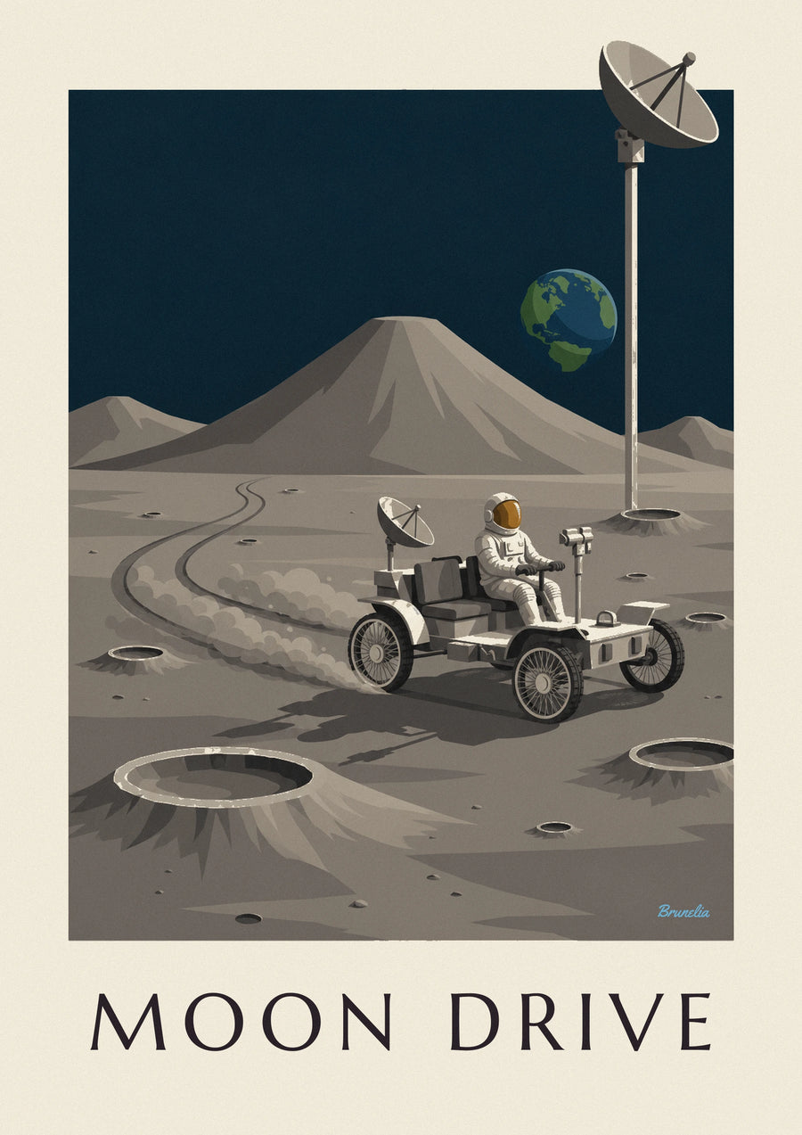Lunar rover among Moon craters poster