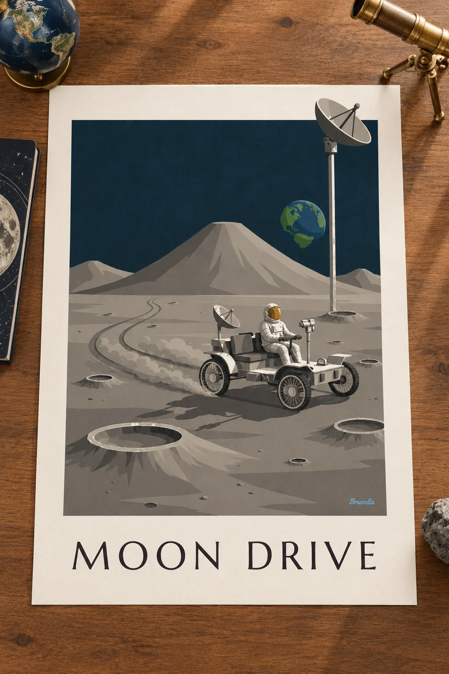 Affiche rover lunaire roulant entre les cratères de la Lune : posée sur une table