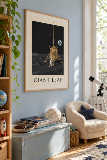 Poster astronaut die naar de maanlander loopt op de maan: ingelijst aan de muur