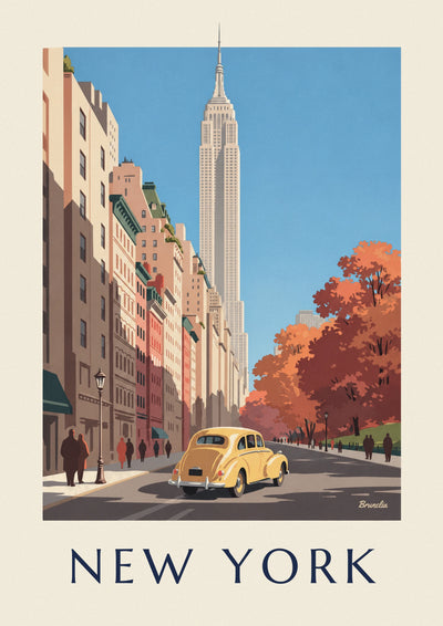 Poster van een gele auto en het Empire State Building in de herfst: de hele poster