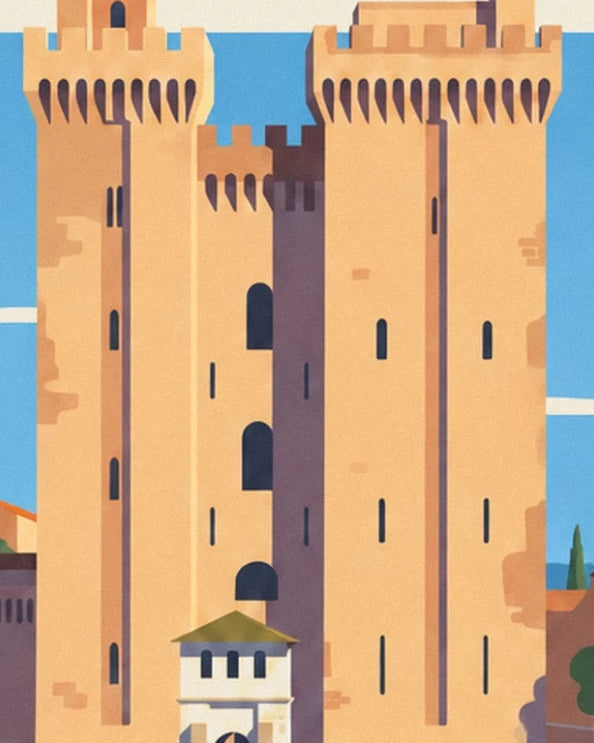 Les tours ocre du palais des Papes, leurs créneaux et leurs fenêtres étroites