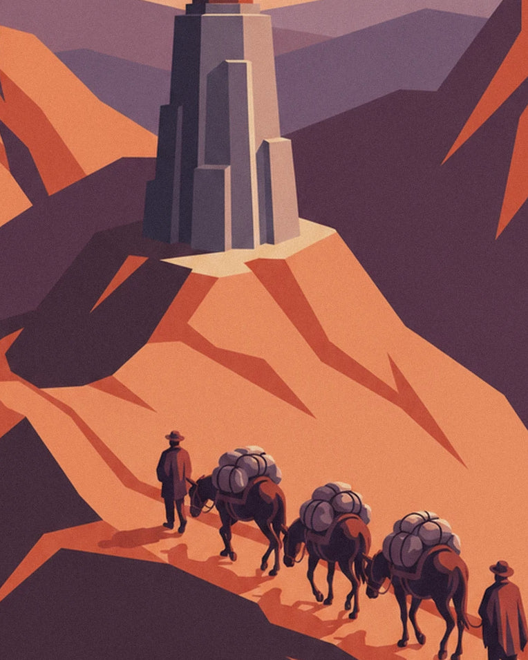 Poster postvliegtuig en muildierkaravaan in de Andes: detail in close-up
