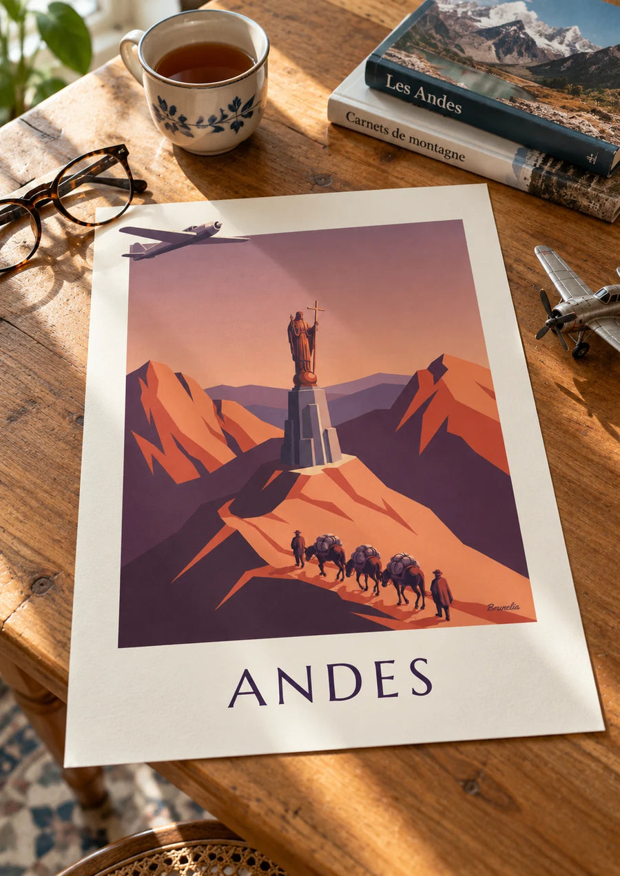 Poster postvliegtuig en muilezelkaravaan in de Andes: op een tafel
