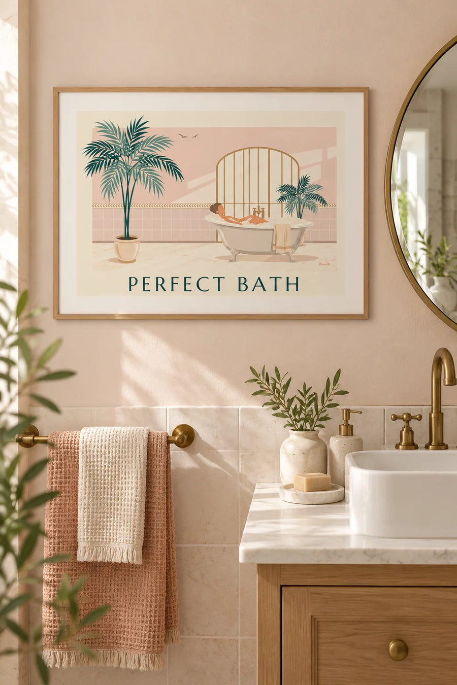 Poster vrouw in een bad vol schuim met groene planten: ingelijst aan de muur