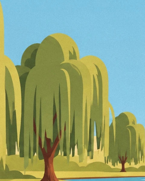 Un saule pleureur aux branches retombantes et son petit voisin, sous un ciel bleu clair