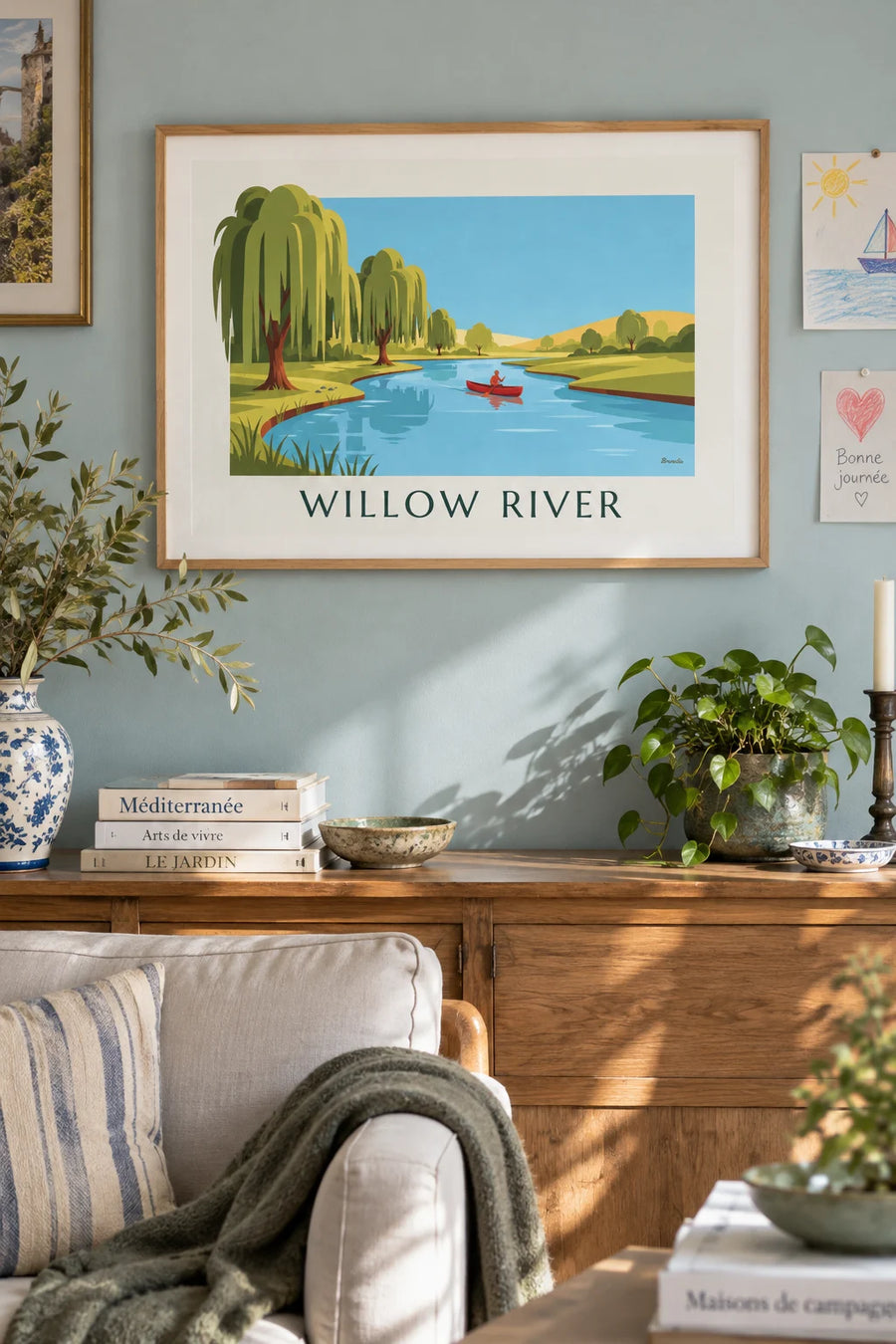 Affiche canoë sur une rivière bordée de saules pleureurs : encadrée au mur