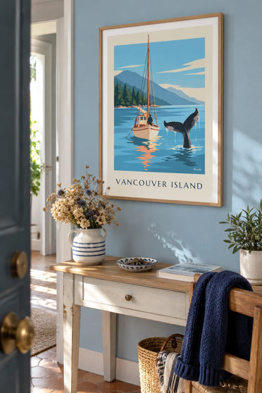 Poster walvisstaart bij een zeilboot voor de kust van Vancouver Island: ingelijst aan de muur