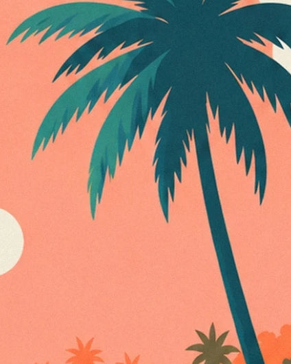 A palm tree with teal fronds against a coral sky beside the cream sun