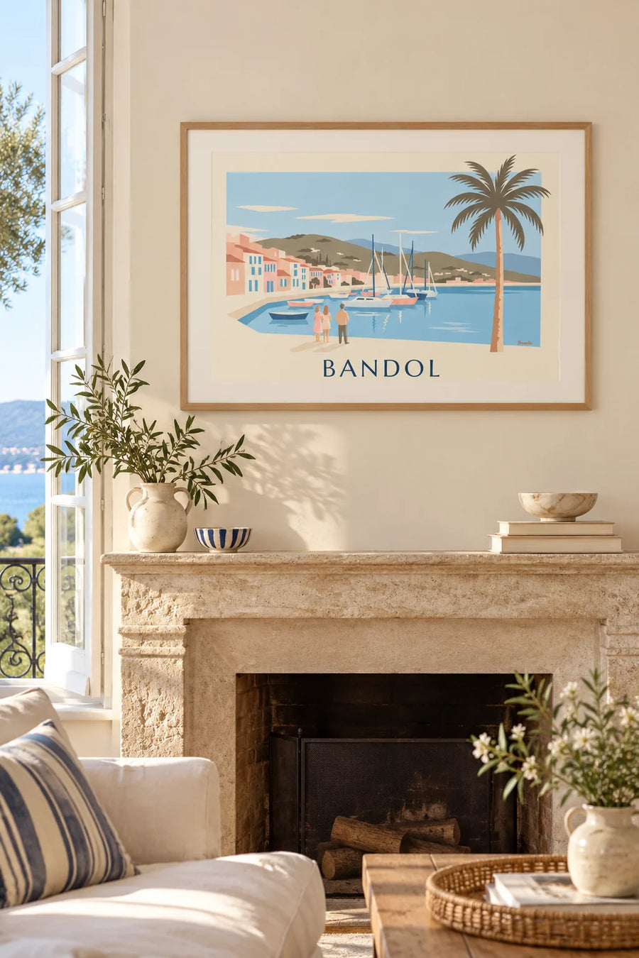 Poster zeilboten en palmboom in de haven van Bandol: ingelijst aan de muur