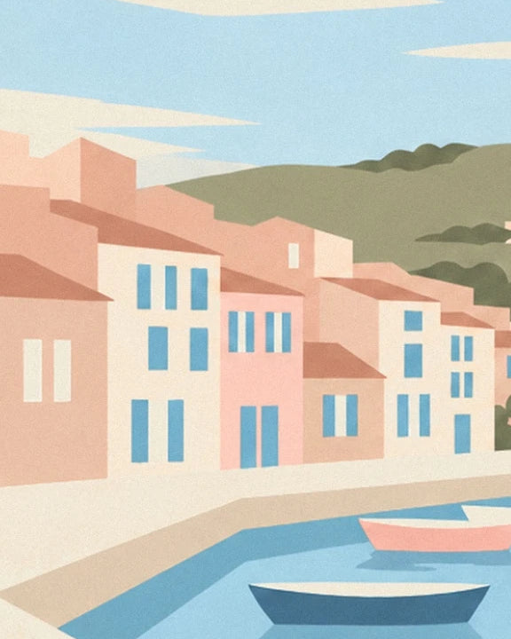 The pink and cream façades with blue shutters, lined with small boats in the harbour of Bandol