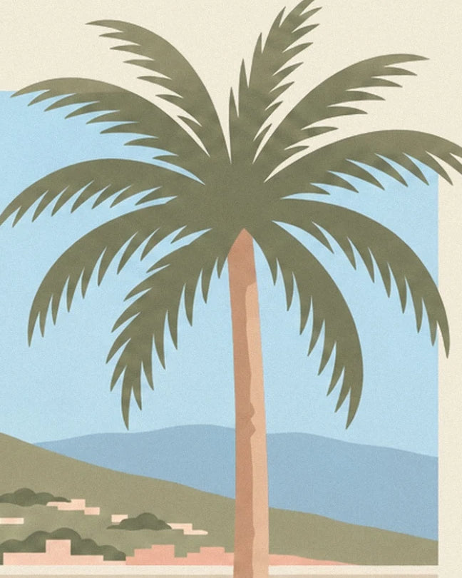 The palm tree with olive green fronds and an ochre trunk in front of the blue hills
