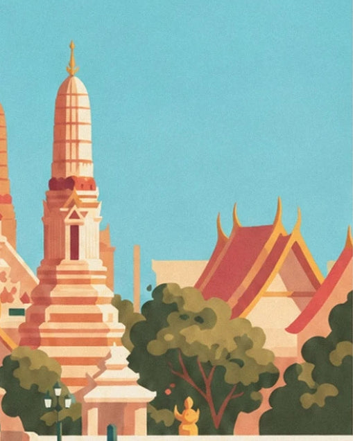 Un prang rosé et les toits rouges aux pointes dorées du temple, parmi les arbres verts