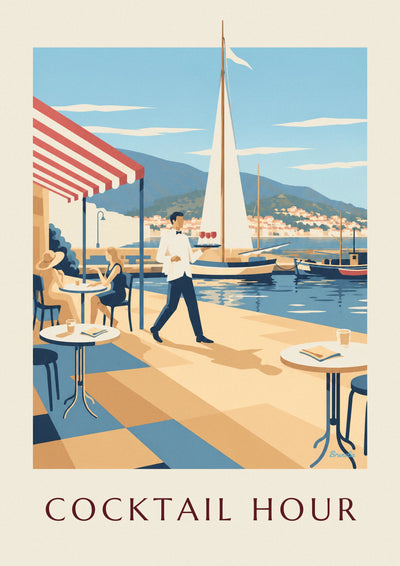 Poster ober en aperitieven op een haventerras: de hele poster
