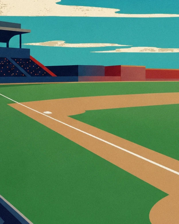 The white base and field line in front of the stands with touches of red