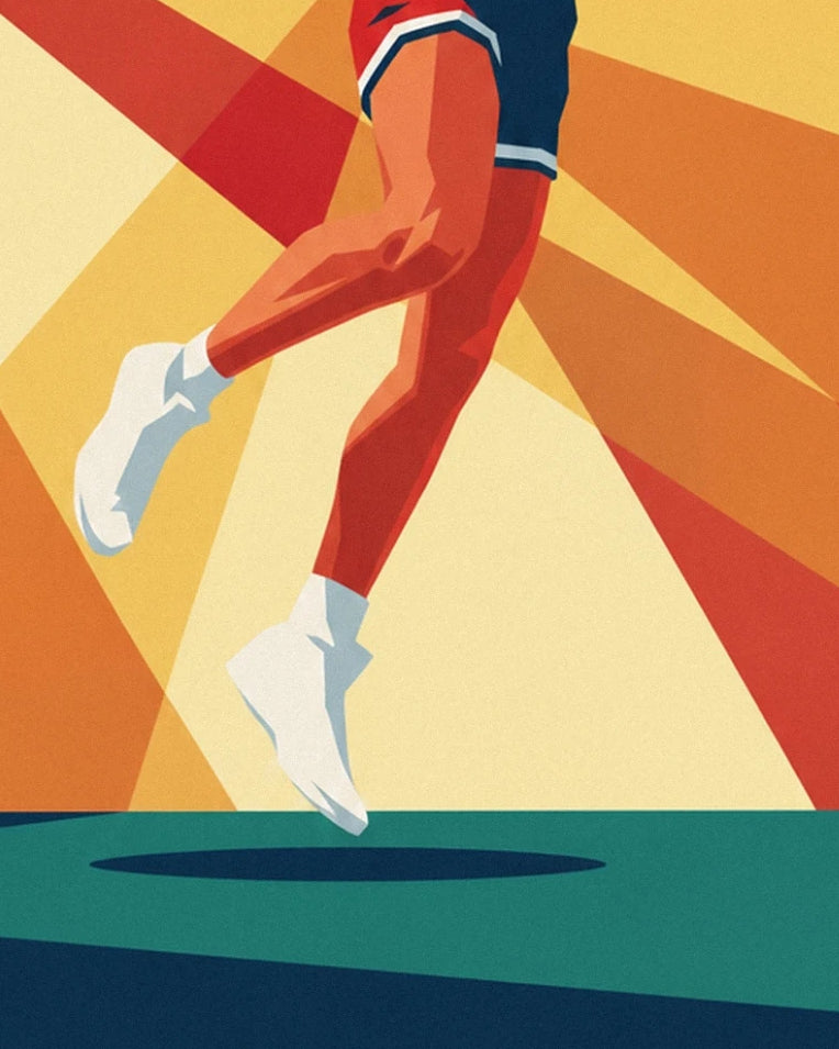 Affiche joueur de basketball en plein dunk sur fond de rayons : détail en gros plan