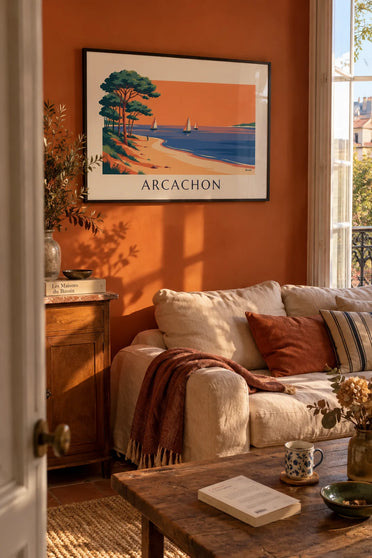 Poster of the Arcachon Bay at sunset, sailboats and pines: framed on the wall