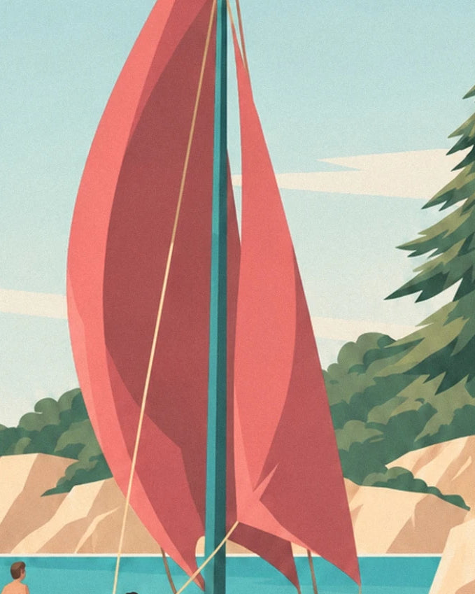 The 2 red lateen sails on their turquoise mast, in front of the cove of pines and rocks