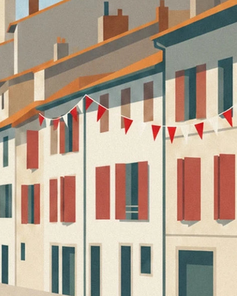 Houses with red shutters and strings of bunting beside the Nive