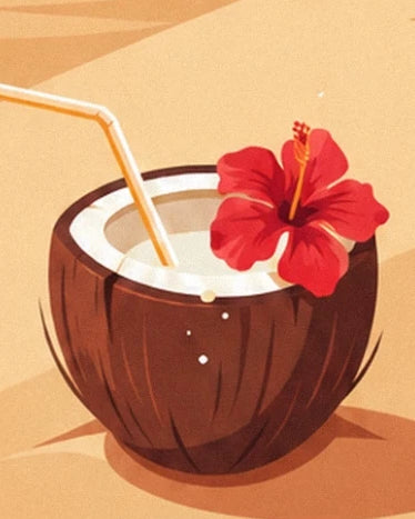 A coconut with a straw and a red flower on the golden sand