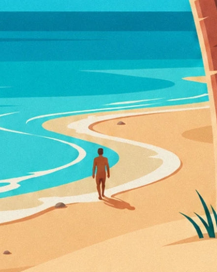 A figure walking along the golden beach beside turquoise waves